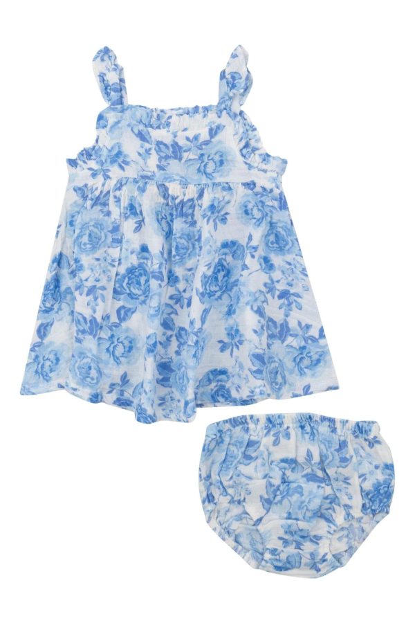 Angel Dear Ruffle Sleeve Sundress Set - Roses in Blue For Cheap