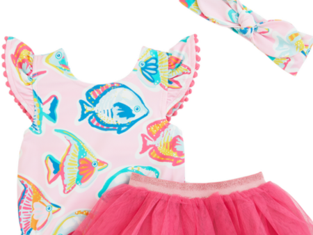 Mud Pie Pink Fish Stripe Reversible Swimsuit & Tutu Discount